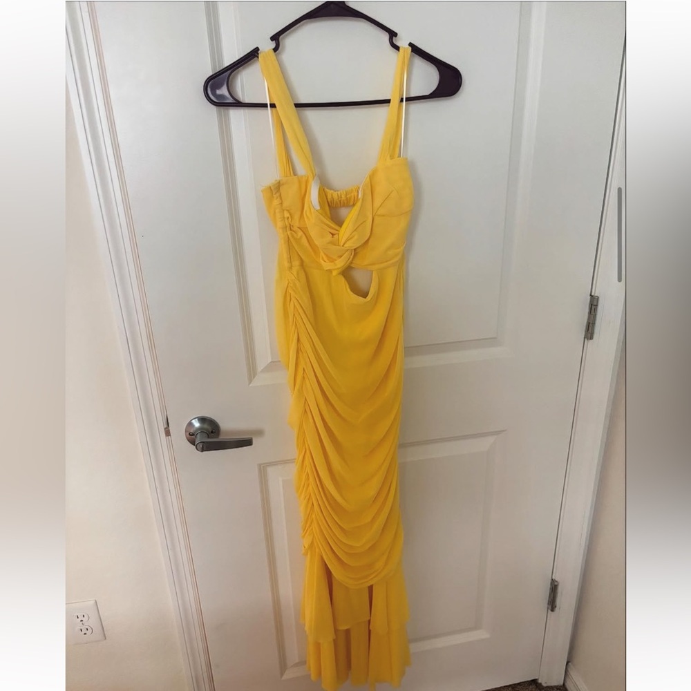 Hello Molly. Size Large. Worn once .Elegant Yellow Ruched Dress